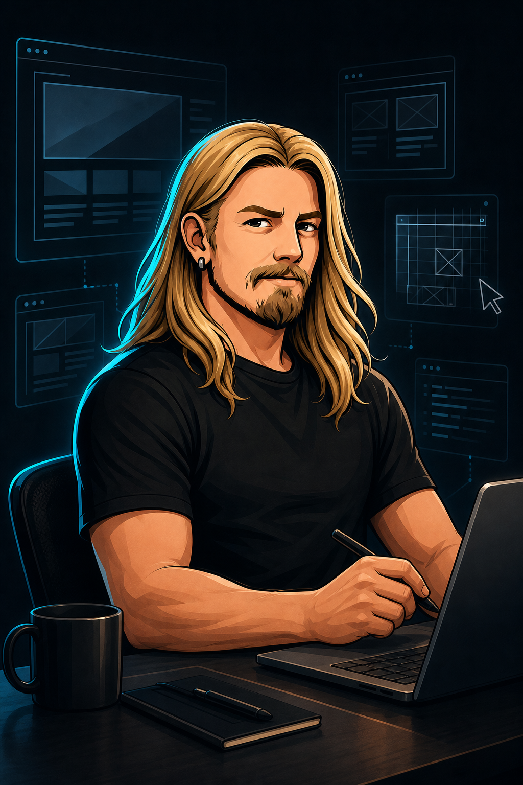 Generated illustrated avatar variation of Kalle working at a desk