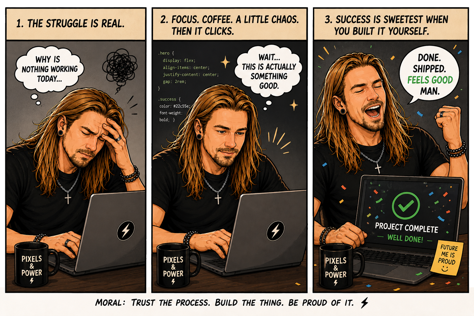 Comic strip of Kalle going from struggle to success while building a project