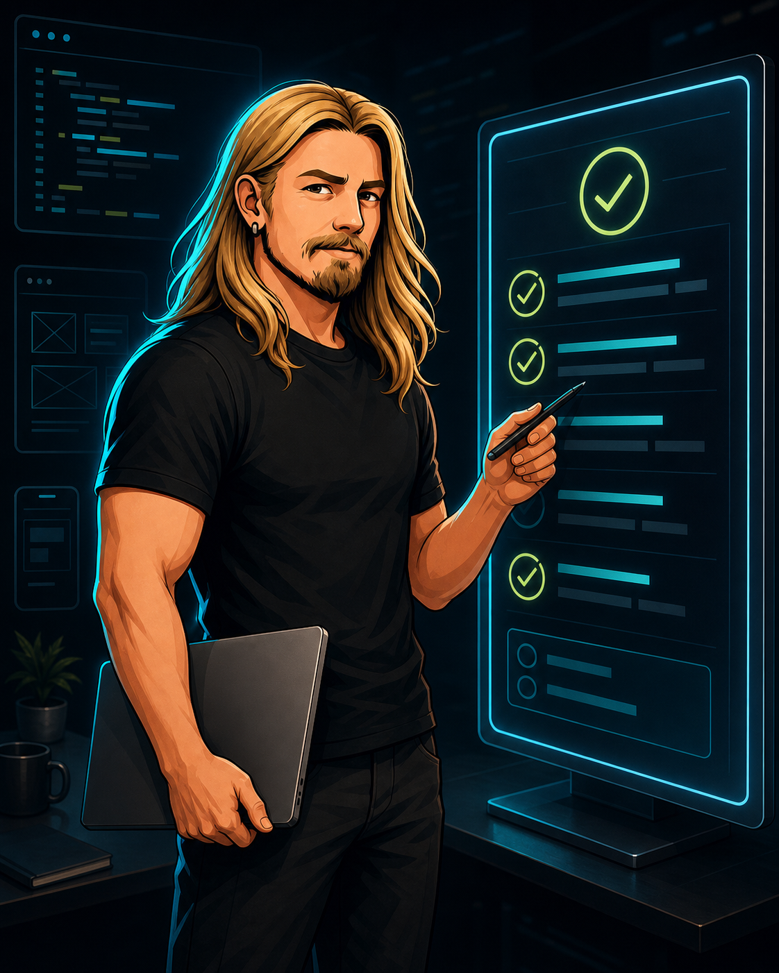 Illustrated avatar of Kalle standing beside a launch checklist board