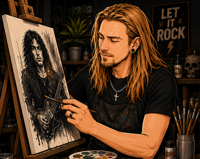 Illustrated Kalle painting at an easel