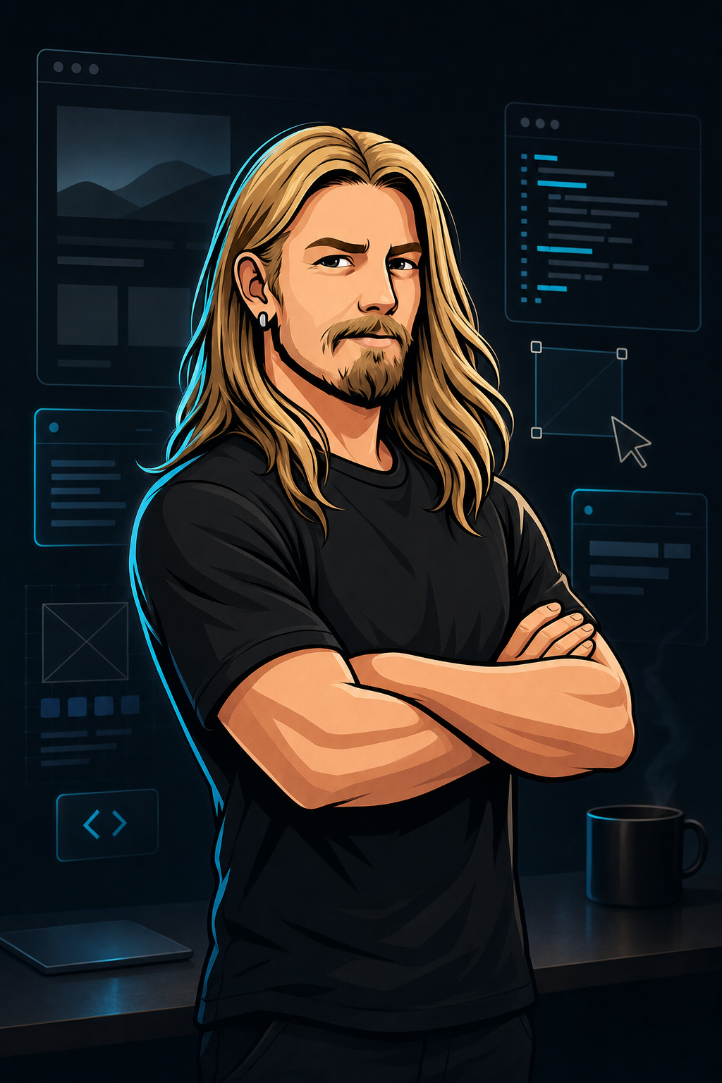 Illustrated portrait of Kalle as a web designer