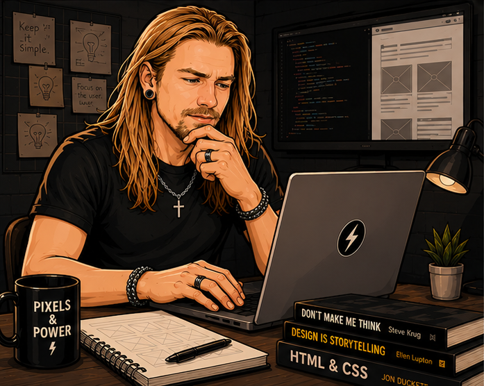 Illustrated Kalle working at a laptop with design and code screens